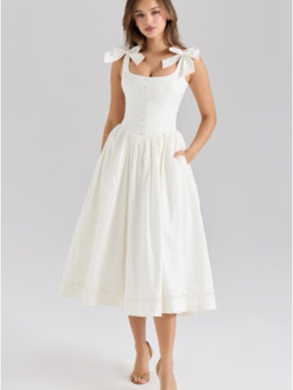 House of CB Ivory Midi Dress with Bow Shoulder Straps